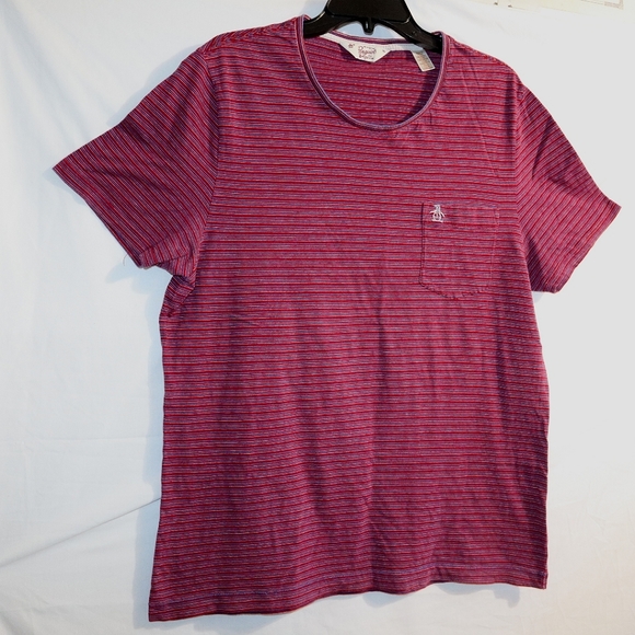 ORIGINAL PENGUIN Shirt Short Sleeve Red white pocket  Striped XL - Picture 3 of 9